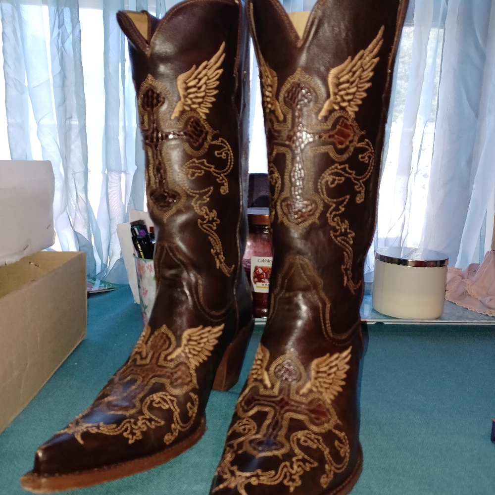 Roger's Boots Gothic Cross Style Volcano Brown Leather W/ Real Cobra Skin Size 8